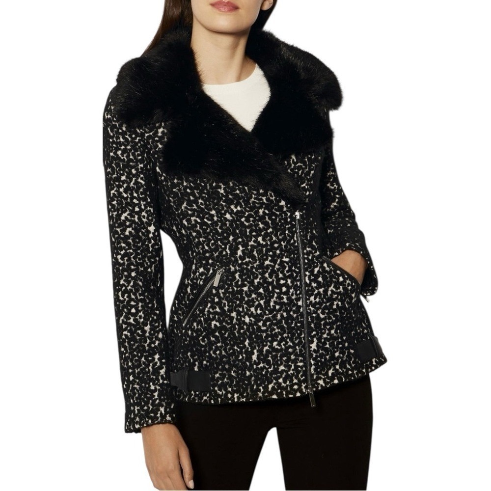Karen Millen Leopard Print Faux Fur Collar Moto Jacket Women Black White Size 10